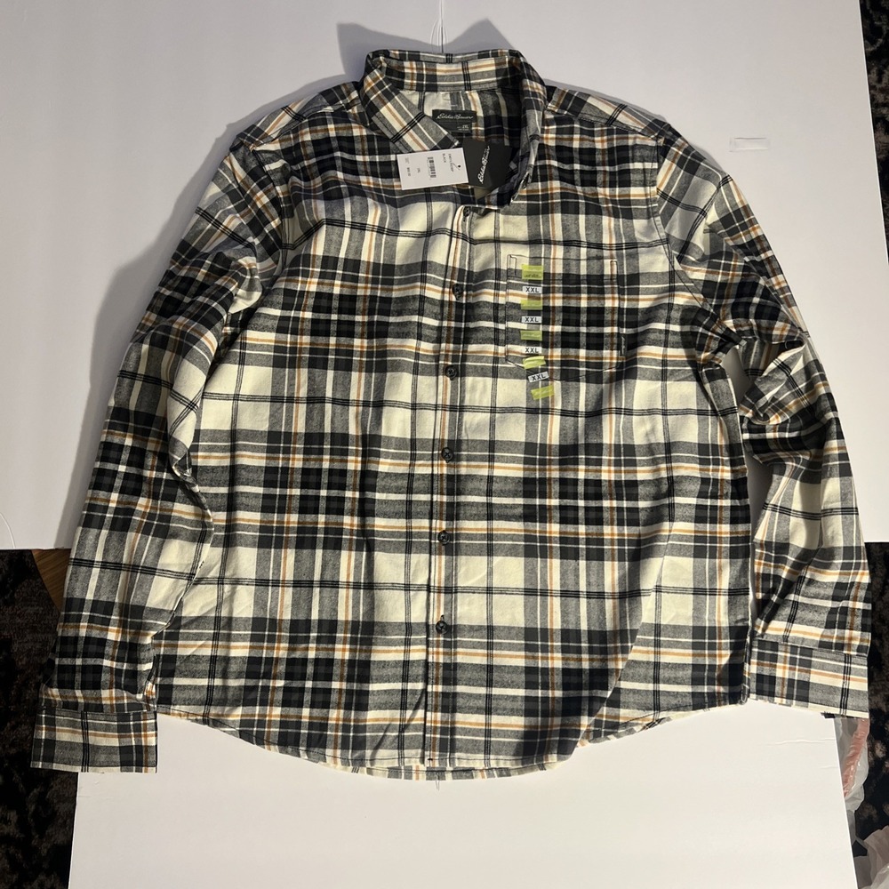 Eddie Bauer Men's Button Down Plaid Flannel Shirt Black Ivory Long Sleeve 2XL